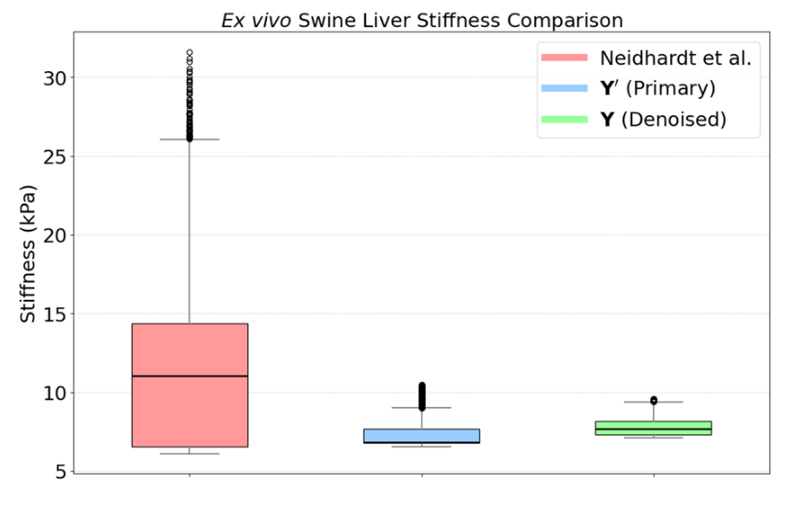 Box plot of liver stiffness: Neidhardt et al. has a wide spread with many outliers up to about 31 kPa; the primary and denoised outputs are compact around 7 to 8 kPa.